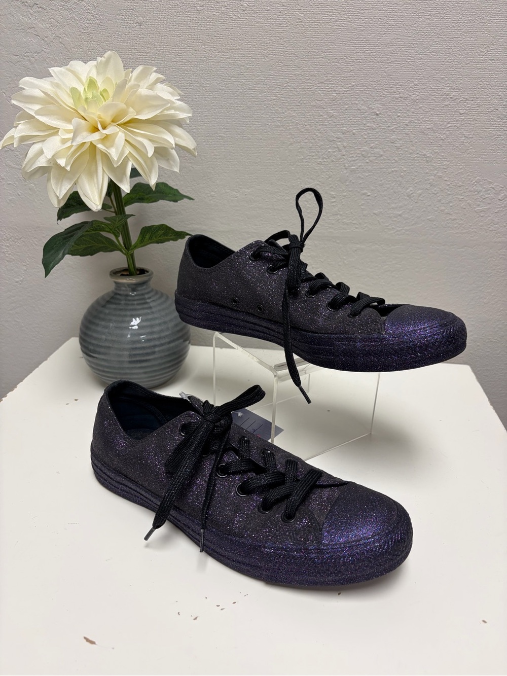 Unisex Converse Low-Top Glitter Sneakers in Black with Purple Sparkle